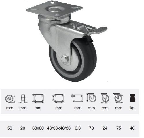 BDPE 0501 1001, Forgó-fékes kerék, 50 mm, 40 kg teherbírás, talpas felfogatás