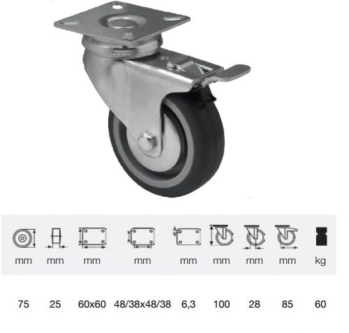 BDPE 0751 1001, Forgó-fékes kerék, 75 mm, 60 kg teherbírás, talpas felfogatás