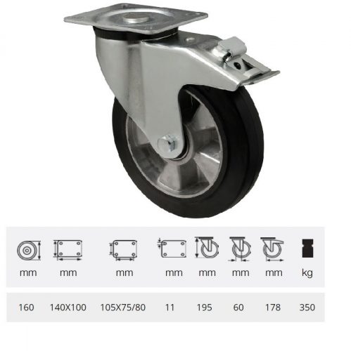 BPAB 1603 6150, Forgó-fékes kerék, horganyzott villába szerelve, fekete tömörgumi futófelülettel, 160 mm, 350 kg, talpas felfogatás