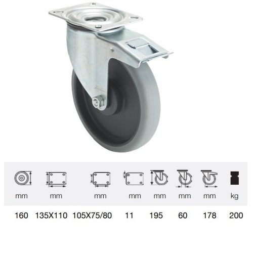 BPPE 1603 5100, Forgó-fékes kerék, horganyzott villába szerelve, prémium ECOFORMA tömörgumi futófelület, 160 mm, 200 kg teherbírás, talpas felfogatás