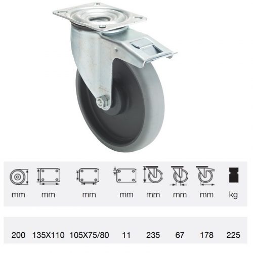 BPPE 2003 5100, Forgó-fékes kerék, horganyzott villába szerelve, prémium ECOFORMA tömörgumi futófelület, 200 mm, 225 kg teherbírás, talpas felfogatás