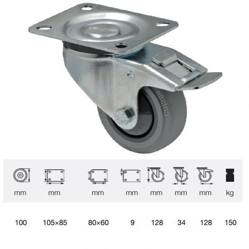 BPPF 1001 5100, Forgó-fékes kerék, horganyzott villába szerelve, prémium PERFORMA tömörgumi futófelület, 100 mm, 150 kg teherbírás, talpas felfogatás