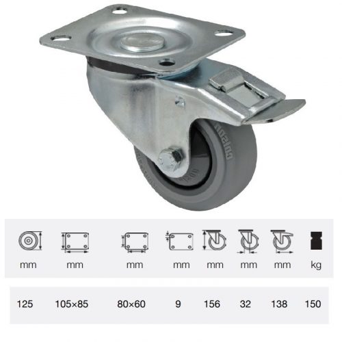 BPPF 1251 5100, Forgó-fékes kerék, horganyzott villába szerelve, prémium PERFORMA tömörgumi futófelület, 125 mm, 150 kg teherbírás, talpas felfogatás