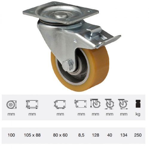 BTAU 1002 6150, Forgó-Fékes kerék, Poluretán futófelülettel, horganyzott villába szerelve, 100 mm, 200 kg teherbírás, talpas felfogatás