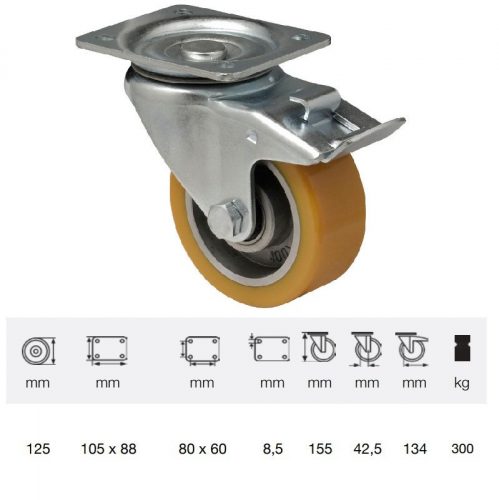 BTAU 1252 6150, Forgó-Fékes kerék, Poluretán futófelülettel, horganyzott villába szerelve, 125 mm, 250 kg teherbírás, talpas felfogatás