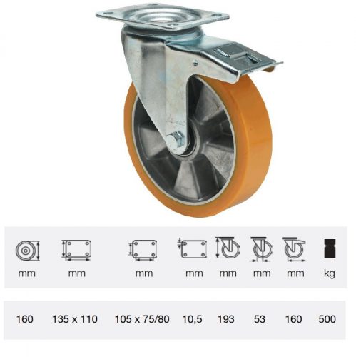 BTAU 1603 6440, Forgó-Fékes kerék, Poluretán futófelülettel, horganyzott villába szerelve, 160 mm, 500 kg teherbírás, talpas felfogatás