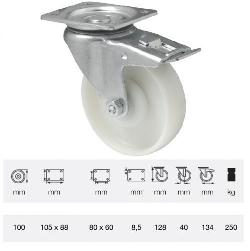 BTPN 1002 5100, Forgó-Fékes kerék, (poliamid) műanyag futófelület, horganyzott villába szerelve, 100 mm, 250 kg teherbírás, talpas felfogatás