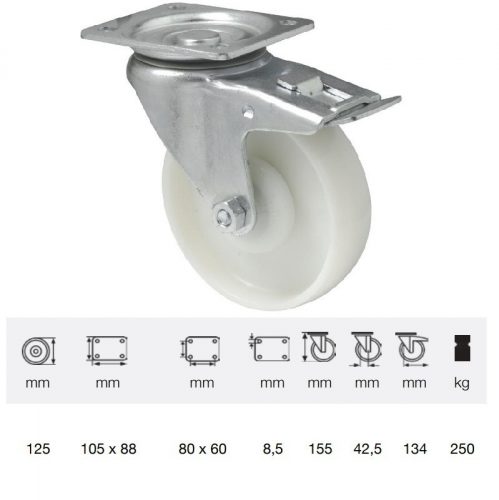 BTPN 1252 5100, Forgó-Fékes kerék, (poliamid) műanyag futófelület, horganyzott villába szerelve, 125 mm, 250 kg teherbírás, talpas felfogatás