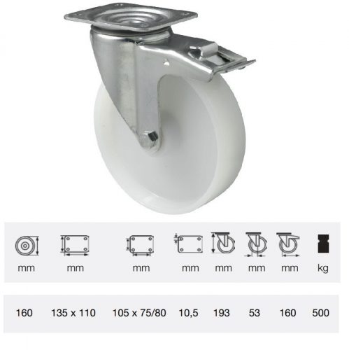 BTPN 1603 6100, Forgó-Fékes kerék, (poliamid) műanyag futófelület, horganyzott villába szerelve, 160 mm, 500 kg teherbírás, talpas felfogatás