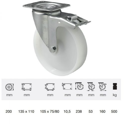 BTPN 2003 6100, Forgó-Fékes kerék, (poliamid) műanyag futófelület, horganyzott villába szerelve, 200 mm, 500 kg teherbírás, talpas felfogatás