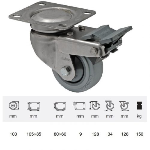 BXPF 1001 7100, Forgó-fékes kerék, rozsdamentes villába szerelve, prémium PERFORMA tömörgumi futófelület, 100 mm, 150 kg teherbírás, talpas felfogatás