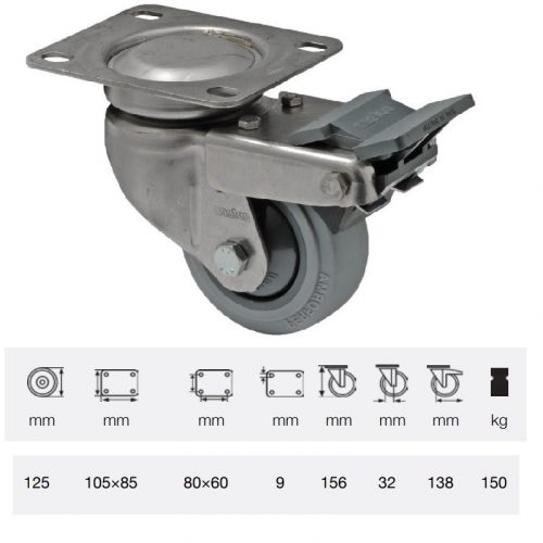 BXPF 1251 7100, Forgó-fékes kerék, rozsdamentes villába szerelve, prémium PERFORMA tömörgumi futófelület, 125 mm, 150 kg teherbírás, talpas felfogatás