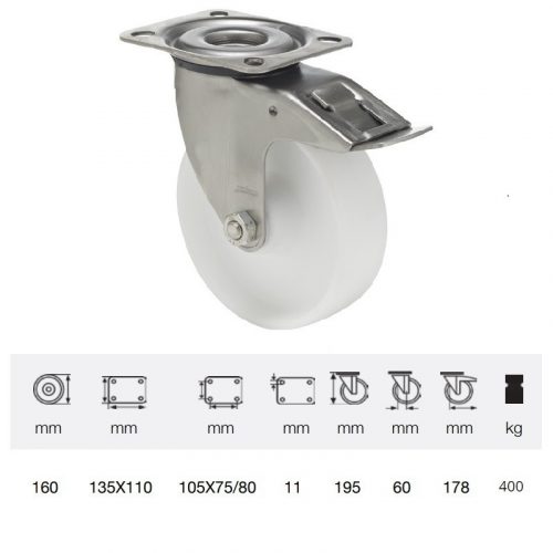 BXPN 1603 1100, Forgó-fékes kerék, (poliamid) műanyag futófelület, rozsdamentes villába szerelve, 160 mm, 400 kg teherbírás, talpas felfogatás