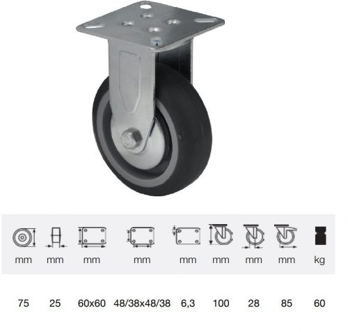 FDPE 0751 1001, Fix kerék, 75 mm, 60 kg teherbírás, talpas felfogatás