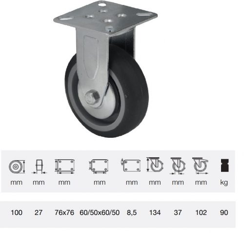 FDPE 1001 1001, Fix kerék, 100 mm, 90 kg teherbírás, talpas felfogatás