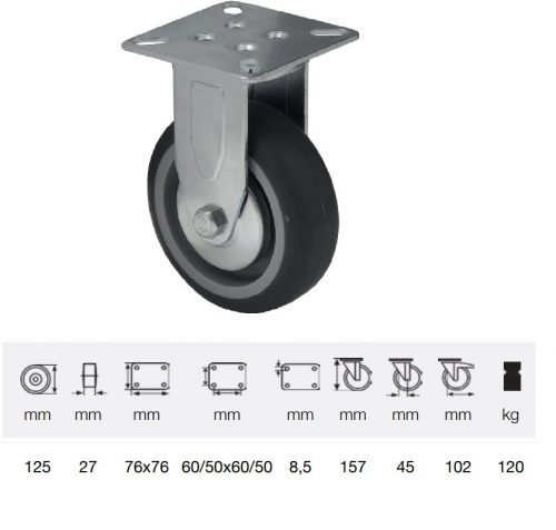 FDPE 1251 1001, Fix kerék, 125 mm, 120 kg teherbírás, talpas felfogatás