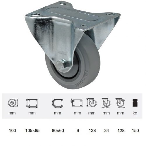 FPPF 1001 5000, Fix kerék, horganyzott villába szerelve, prémium PERFORMA tömörgumi futófelület, 100 mm, 150 kg teherbírás, talpas felfogatás