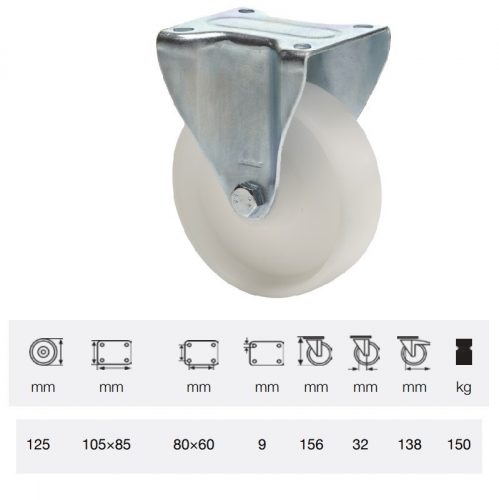 FPPN 1251 1000, Fix kerék, (poliamid) műanyag futófelület, horganyzott villába szerelve, 125 mm, 150 kg teherbírás, talpas felfogatás