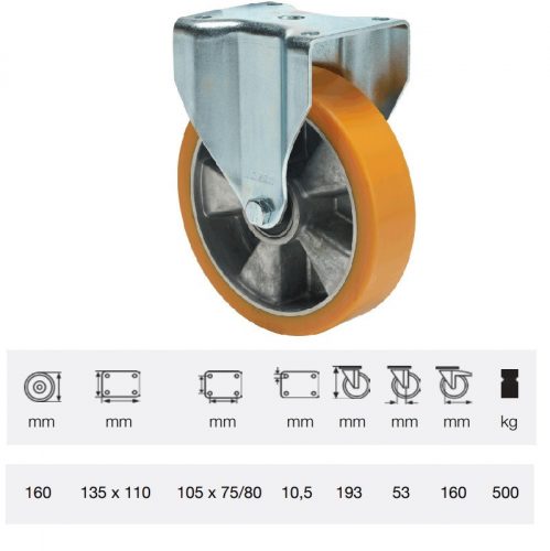 FTAU 1603 6440, Fix kerék, Poluretán futófelülettel, horganyzott villába szerelve, 160 mm, 500 kg teherbírás, talpas felfogatás