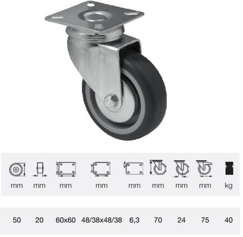 JDPE 0501 1001, Forgó kerék, 50 mm, 40 kg teherbírás, talpas felfogatás