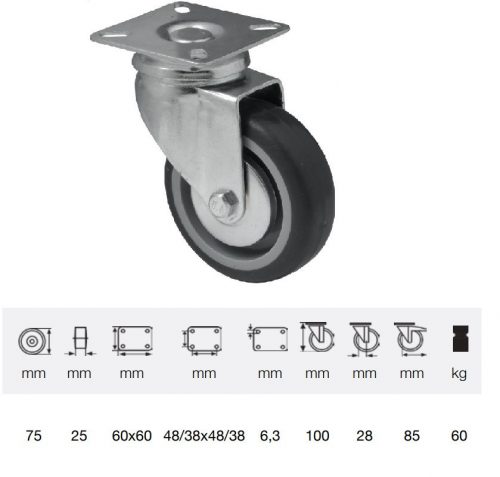 JDPE 0751 1001, Forgó kerék, 75 mm, 60 kg teherbírás, talpas felfogatás