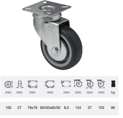 JDPE 1001 1001, Forgó kerék, 100 mm, 90 kg teherbírás, talpas felfogatás