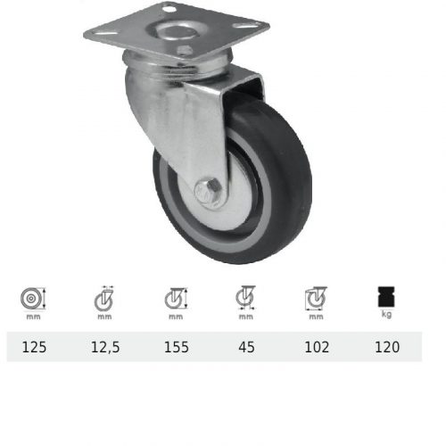 JDPE 1251 1001, Forgó kerék, 125 mm, 120 kg teherbírás, talpas felfogatás