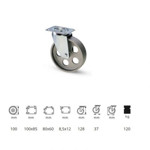 JLCN 1002 1000, Forgó kerék, horganyzott villába szerelve, Öntöttvas kerék, magas hőállósággal, 100 mm, 120 kg teherbírás, +500 Celsius