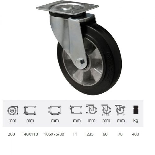 JPAB 2003 6150, Forgó kerék, horganyzott villába szerelve, fekete tömörgumi futófelülettel, 200 mm, 400 kg, talpas felfogatás