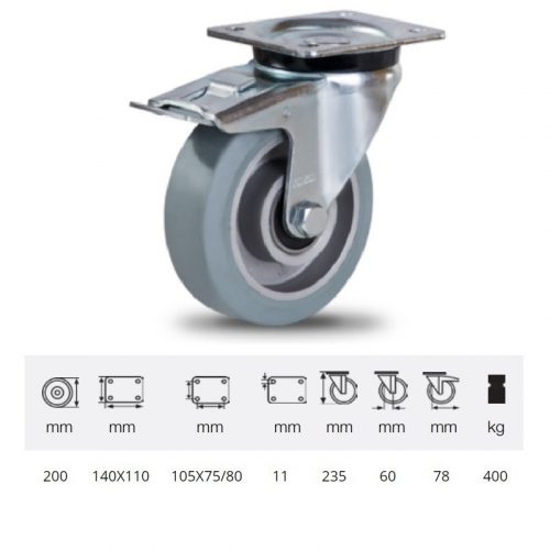 JPAG 2003 6150, Forgó kerék, horganyzott villába szerelve, szürke nyommentes tömörgumi futófelülettel, 200 mm, 400 kg, talpas felfogatás