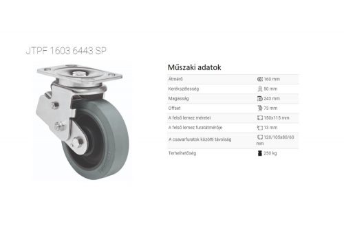 JTPF 1603 6443 SP prémium PERFORMA tömörgumi futófelület, 160 mm átmérő, 250 kg teherbírás, dupla golyós csapágyazás