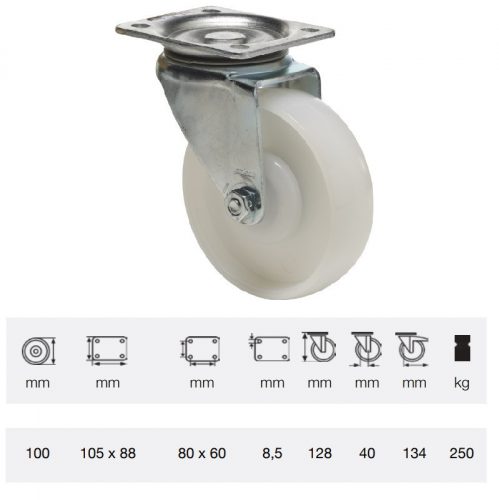 JTPN 1002 5100, Forgó kerék, (poliamid) műanyag futófelület, horganyzott villába szerelve, 100 mm, 250 kg teherbírás, talpas felfogatás