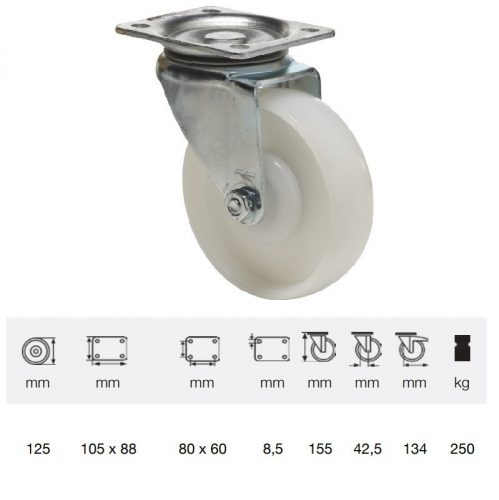 JTPN 1252 5100, Forgó kerék, (poliamid) műanyag futófelület, horganyzott villába szerelve, 125 mm, 250 kg teherbírás, talpas felfogatás