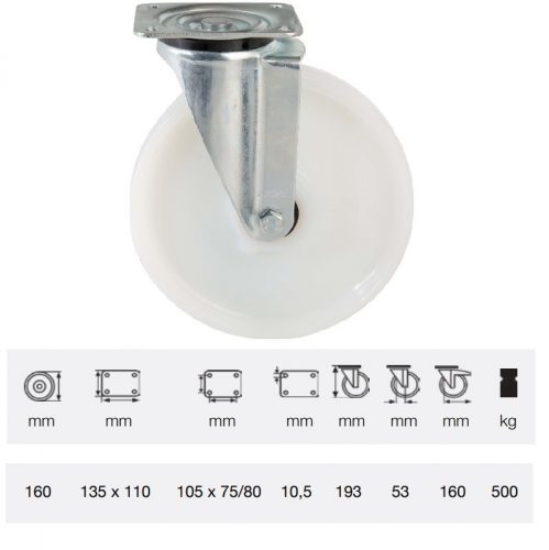 JTPN 1603 6100, Forgó kerék, (poliamid) műanyag futófelület, horganyzott villába szerelve, 160 mm, 500 kg teherbírás, talpas felfogatás
