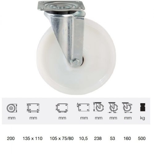JTPN 2003 6100, Forgó kerék, (poliamid) műanyag futófelület, horganyzott villába szerelve, 200 mm, 500 kg teherbírás, talpas felfogatás