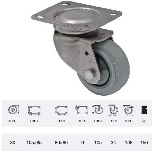 JXPF 0801 7100, Forgó kerék, rozsdamentes villába szerelve, prémium PERFORMA tömörgumi futófelület, 80 mm, 150 kg teherbírás, talpas felfogatás