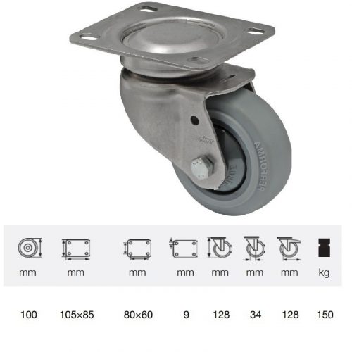 JXPF 1001 7100, Forgó kerék, rozsdamentes villába szerelve, prémium PERFORMA tömörgumi futófelület, 100 mm, 150 kg teherbírás, talpas felfogatás