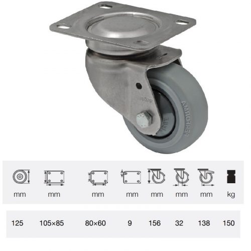 JXPF 1251 7100, Forgó kerék, rozsdamentes villába szerelve, prémium PERFORMA tömörgumi futófelület, 125 mm, 150 kg teherbírás, talpas felfogatás