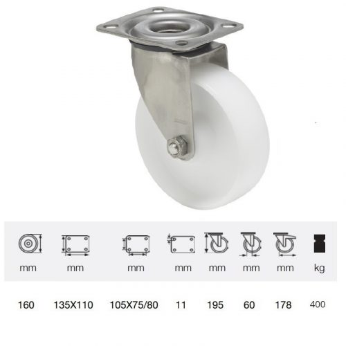 JXPN 1601 1100, Forgó kerék, (poliamid) műanyag futófelület, rozsdamentes villába szerelve, 160 mm, 400 kg teherbírás, talpas felfogatás