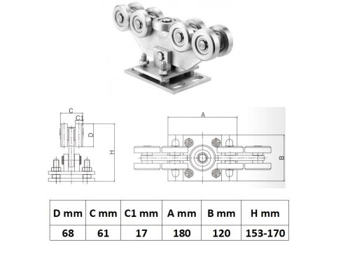 UKG9K80x80Á, Állítható úszókapu görgő 9 kerékkel 80x80-as sínhez