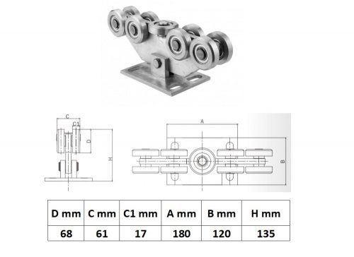 UKG9K80x80N, Normál úszókapu görgő 9 kerékkel 80x80-as sínhez