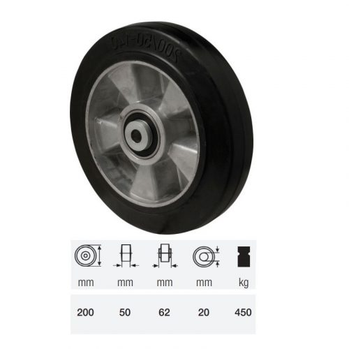 WTAB 2003 6150, fekete tömörgumi futófelület, 200 mm átmérő, 400 kg teherbírás, dupla golyós csapágyazás