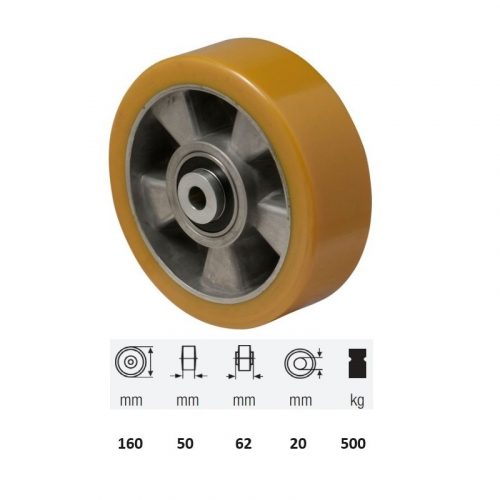 WTAU 1603 6440, Poluretán futófelület, 160 mm átmérő, 500 kg teherbírás, dupla golyós csapágyazás