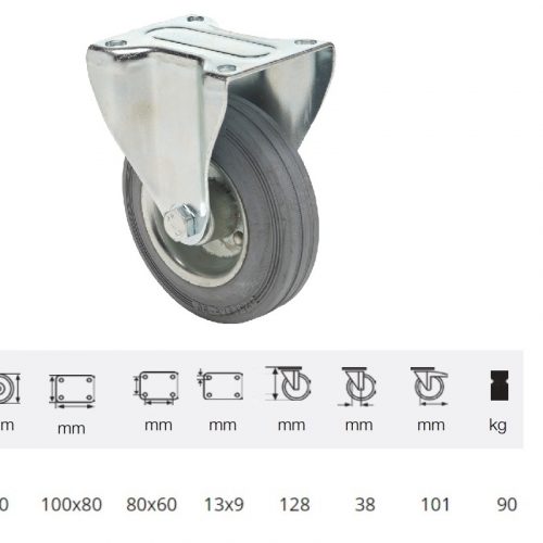 FPSG 1001 2000 L, Fix kerék, szürke (nyommentes) gumi futófelület, 100 mm, 90 kg teherbírás, talpas felfogatás